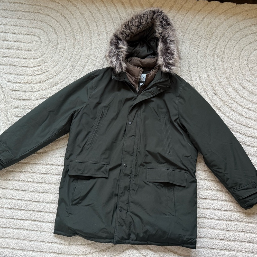 London Fog Men's Dark Olive Puffer Coat with Faux Fur Hood